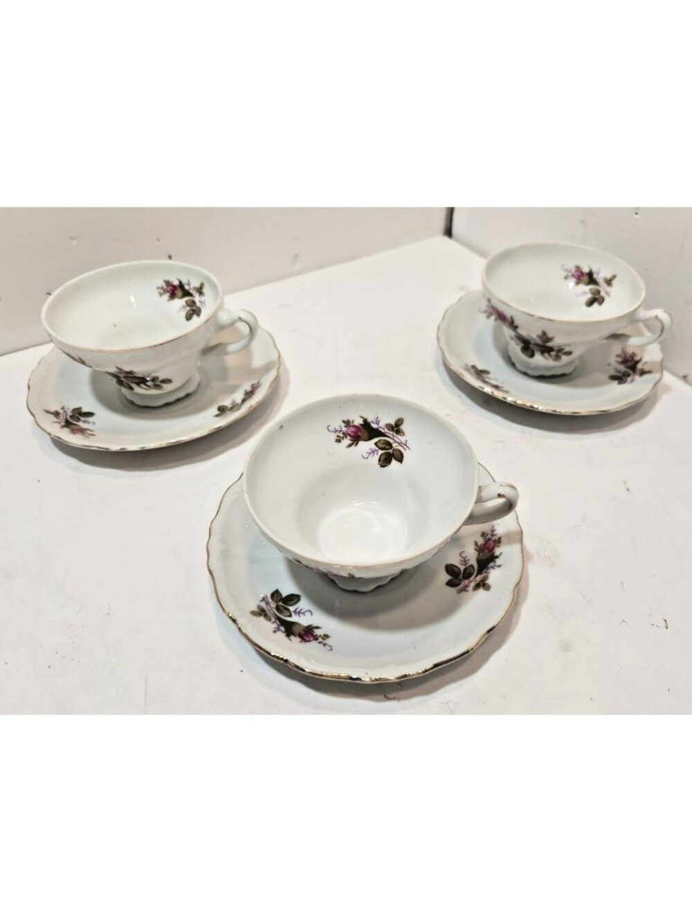 Vintage Japan Tea Cup and Saucer Flower Pink Rose With Gold Tone Rim Set of 3